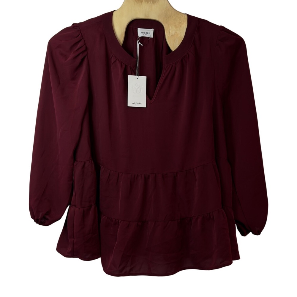 Andree by Unit Wine Tiered Woven Blouse Size 2X Boho Flowy V-Neck Office NWT